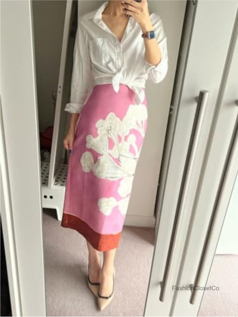 Zara Pink Midi Skirt with White Floral Print and Rust Hem